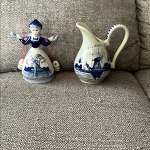 Delft Blue Antique Ceramic Milkmaid Dutch Figurine and Pitcher Set-EUC
